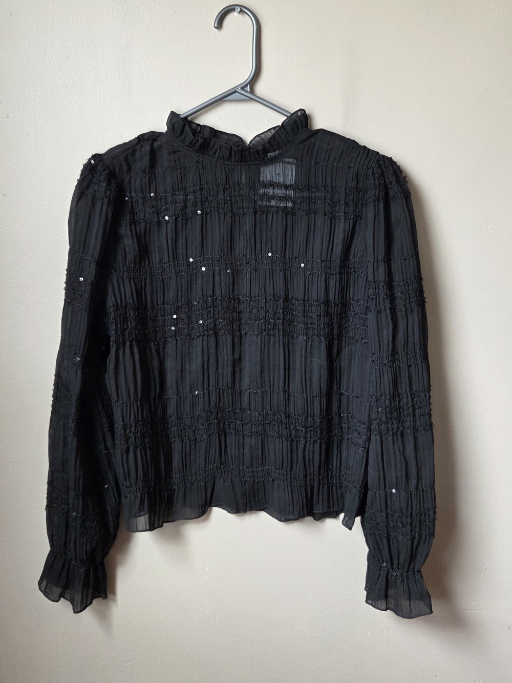 Ultra Pink Black Smocked Long-Sleeve Blouse with Ruffle Neckline